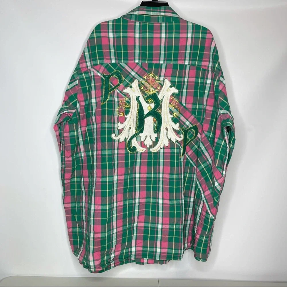 Vintage Pelle Pelle, Men’s Green and Pink Short Sleeve Button Shirt, 5X - Picture 2 of 10